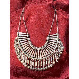 Vtg Egyptian Collar Bib Statement Necklace Signed "Q" Revival Boho Silver Tone